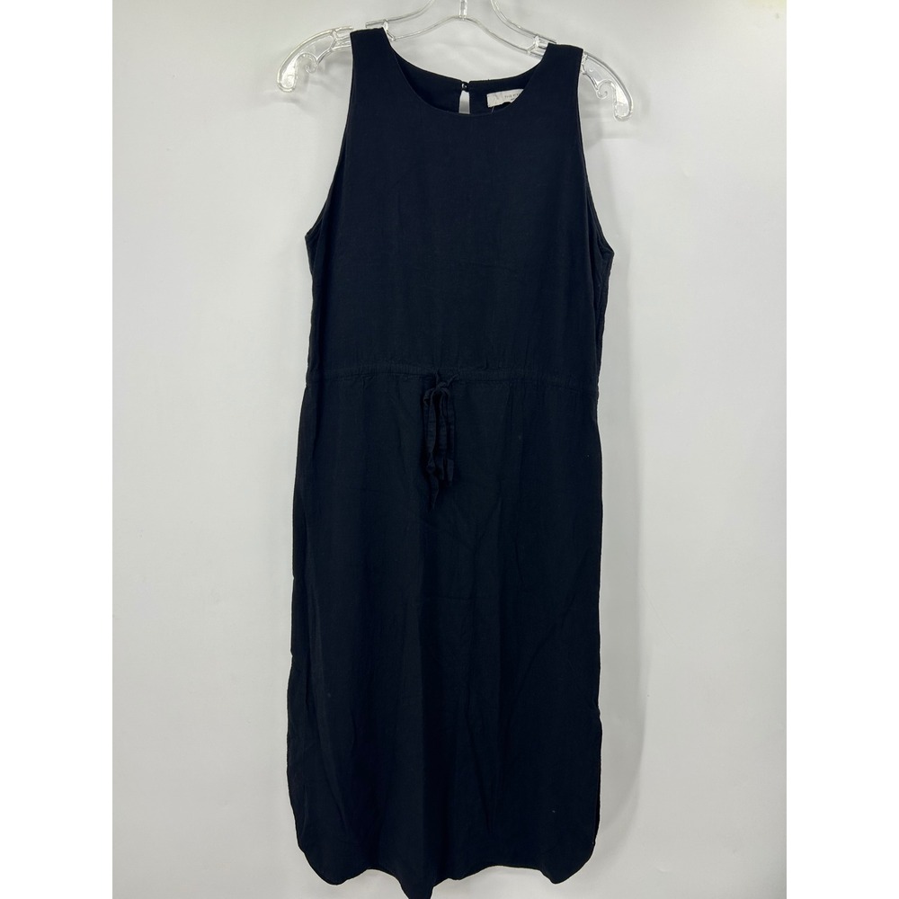 7115 by Szeki Black Linen Blend Sleeveless Drawstring Midi Dress Women Medium